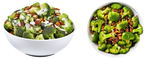 Poster Collection of two broccoli salad bowls with raisins and almonds isolated on transparent background © Flowal93