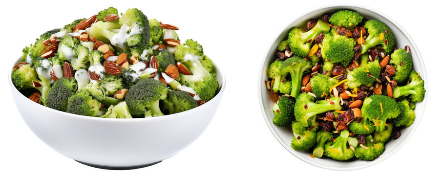 Collection of two broccoli salad bowls with raisins and almonds isolated on transparent background