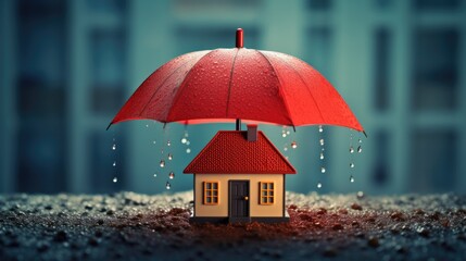 Concept of home insurance. House covered with umbrella to protect it from rain and storm.