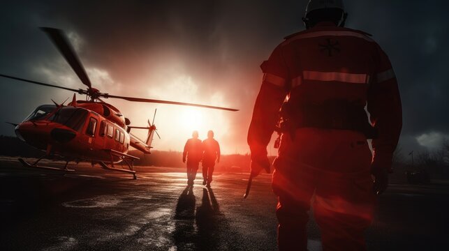 Paramedic running to helicopter on heliport. Rescue team, Helicopter emergency medical service concept.