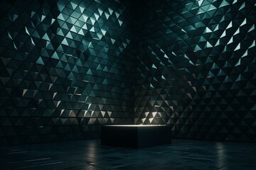 A futuristic scene with a dark background, featuring a triangular block structure and a wall texture with a 3D triangle tile pattern. Generative AI