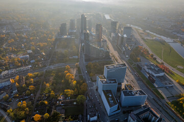 Aerial sunny autumn fall downtown in Vilnius, Lithuania