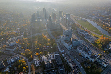 Aerial sunny autumn fall downtown in Vilnius, Lithuania