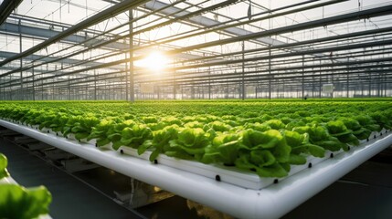 Rows of lettuce with hydroponic system in greenhouse, Organic farm.