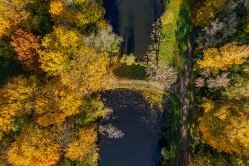 Aerial sunny autumn fall view Markučiai park, Vilnius, Lithuania