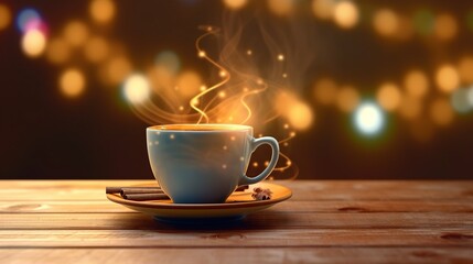 Obraz premium A cup of hot drink with a beautiful landscape outside the window. Cozy winter morning