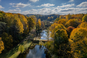 Aerial sunny autumn fall view Markučiai park, Vilnius, Lithuania