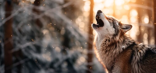 Howling Grey wolf in the snowy woods in winter .  lupinopsis glabratus  - obrazy, fototapety, plakaty