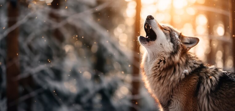 Howling Grey wolf in the snowy woods in winter .  lupinopsis glabratus 