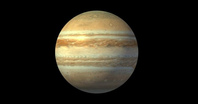 4k animation of spinning planet Jupiter on black background. Rotating Jupiter isolated on black background. Animation of planet Jupiter. 4K Loop footage.