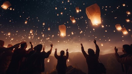 Fototapeta na wymiar A group of friends releasing paper lanterns into the night sky, adding to the New Year's luminous spectacle.