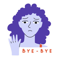 Sad girl is saying goodbye. Cartoon vector Illustration in violet and orange colours isolated on white background