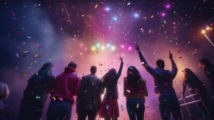 A group of friends setting off colorful confetti cannons to mark the arrival of the New Year. - obrazy, fototapety, plakaty