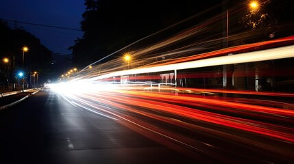 Fototapeta na wymiar Urban Night Drive: Illuminated City Street with Blurred Motion and Light Trails
