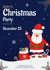 Vector merry Christmas and New Year poster, greeting card template. Invitation on Christmas party. Santa Claus, gift boxes on blue background. Flyer for holiday event