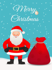 Christmas card with Santa Claus and a bag of gifts
