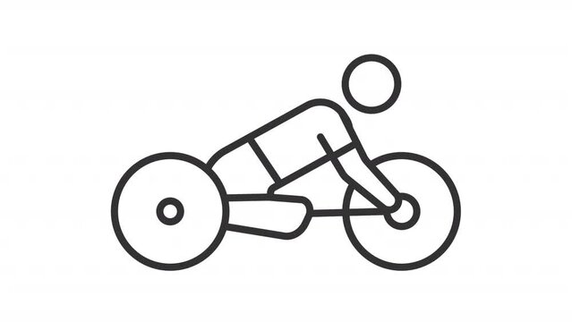 2D black creative thin linear animation of wheelchair racing, HD video with transparent background, seamless loop 4K video representing paralympic games.