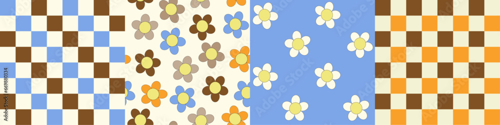Wall mural retro pattern set with checkers and daisies. 60s, 70s style seamless patterns