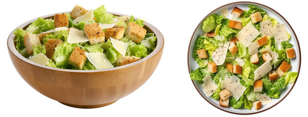 Bundle of two caesar salads with crisp romaine, croutons, and parmesan shavings isolated on white background - obrazy, fototapety, plakaty