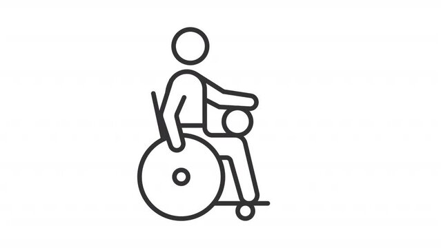 2D black creative thin linear animation of player with ball on wheelchair, HD video with transparent background, seamless loop 4K video representing paralympic games.