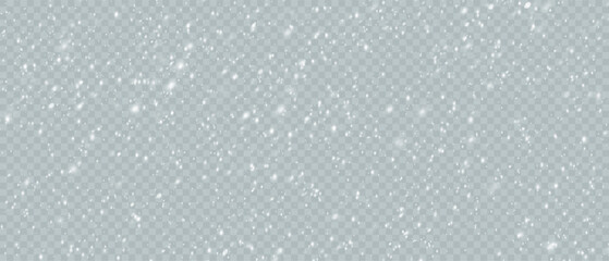 Falling Christmas snowflakes in transparent beauty, delicate and small, isolated on a clear background. Snowflake elements, snowy backdrop. Vector illustration of intense snowfall, snowflakes. - obrazy, fototapety, plakaty