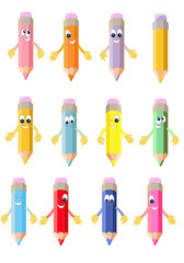 Children's cute 12 colorful pencils with eyes and handles, set on a white background, hand drawn vector illustration.
