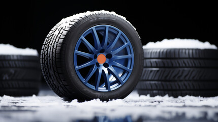 Winter tires on the snow road as panorama season car safety concept. All 4 wheels change.
