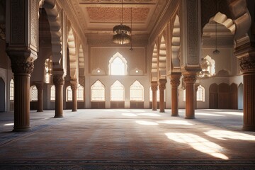 Serene: A vacant mosque adorned with intricate Islamic art and design at midday. Generative AI