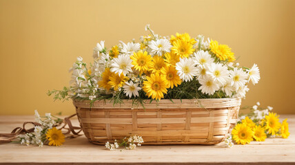 3D Rendering of White Flowers in a Wooden Basket against a Springtime Yellow Background