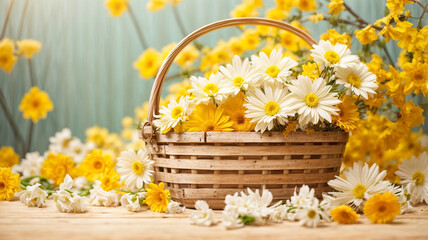 3D Rendering of White Flowers in a Wooden Basket against a Springtime Yellow Background
