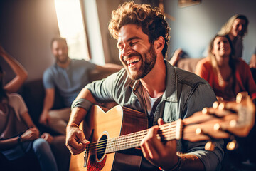 Man playing guitar at home with his friends at a party - obrazy, fototapety, plakaty
