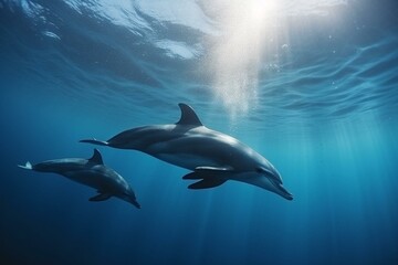 Dolphins swimming in clear, sunlit underwater seascape. Generative AI