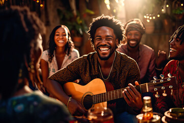 Resultat de traducció.African American man playing guitar at home with his friends