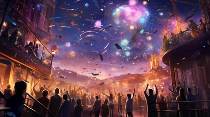 A vibrant new year party unfolds as revelers dance under the night sky.