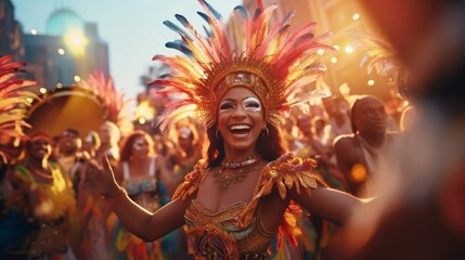 A vibrant street parade featuring dancers in dazzling costumes, moving to the rhythm of festive...