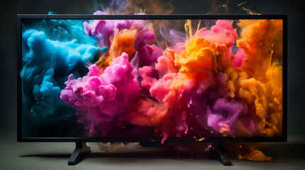TV display or monitor with colorful dust explosion - obrazy, fototapety, plakaty