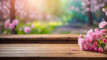 an empty wooden oak table and behind a beautiful background colored with spring flowers with beautiful bokeh and light