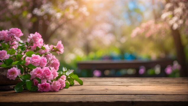 an empty wooden oak table and behind a beautiful background colored with spring flowers with beautiful bokeh and light