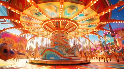 carnival carousel spinning in a kaleidoscope of colors as children laugh and enjoy the ride.