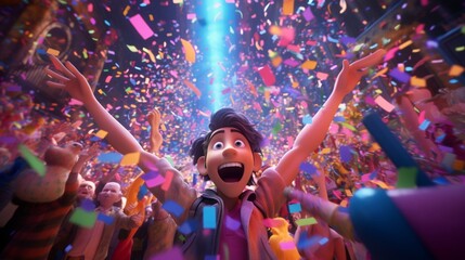 Colorful confetti rains down as animated characters cheer for the start of