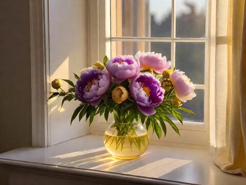 yellow and purple peonies flowers in a vase on the window with morning light during golden hour. ai generative