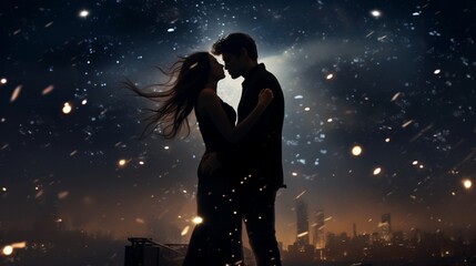 Couples steal kisses beneath the starry sky, ringing in the new year with love.
