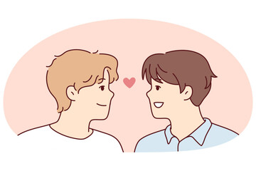 Close-up of gay couple looking in eyes feel in love. Smiling men show care and affection. Homosexual relationship and lgbt. Vector illustration.