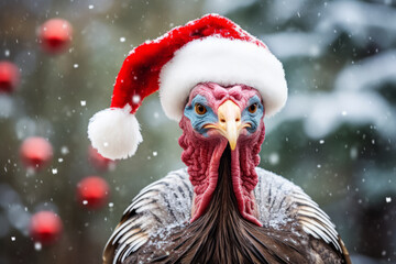 A festive winter turkey wearing a santa hat against a winter landscape