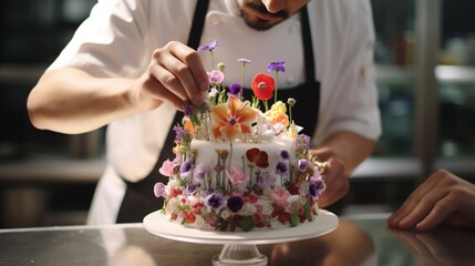 Obraz na płótnie Canvas patisserie chef meticulously crafting an elaborate New Year's cake adorned with edible flowers.