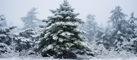 Fototapeta premium Snowy forest scenes of an evergreen tree in Vancouver Delta BC at Burns Bog after a snowstorm