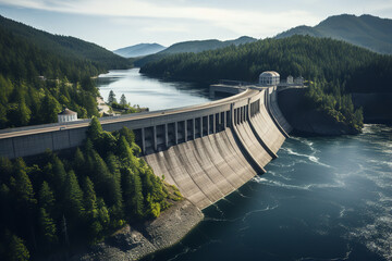A massive hydroelectric dam holds back a vast reservoir, with dense forests in the background,...