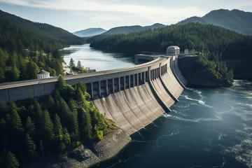 Foto op Plexiglas A massive hydroelectric dam holds back a vast reservoir, with dense forests in the background, symbolizing water-powered energy © Davivd