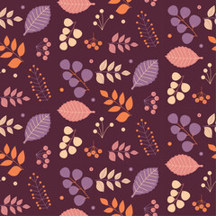 Seamless pattern with autumn colorful leaves on a burgundy background, hand drawn vector illustration.