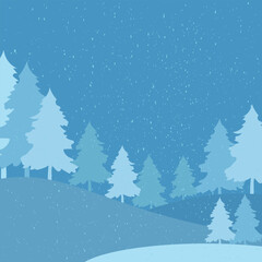 Vector winter illustration in cartoon style with blue flowers. Winter landscape, winter background. Snowy weather. Panoramic view.